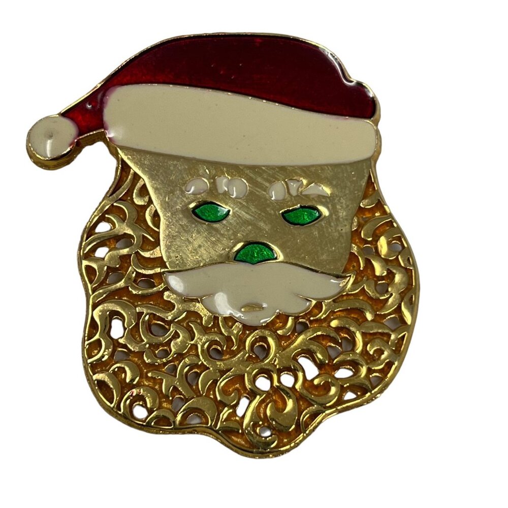 Santa Brooch‎ Open Gold Tone Work Vintage Enamel Christmas Holiday Pin